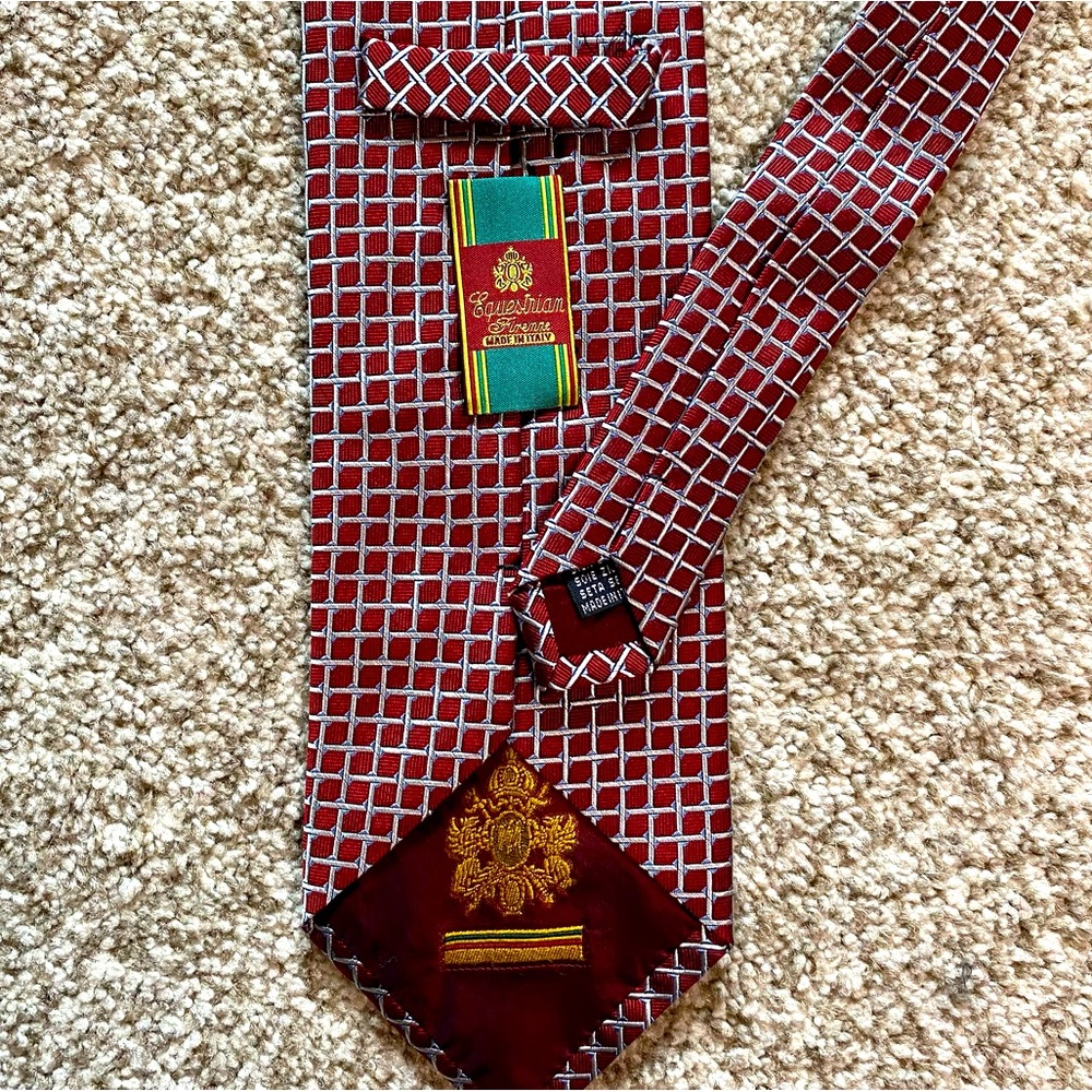 Equestrian Firenze Red & Gray Geometric 100% Silk Tie, Made in Italy